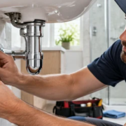 A plumber fits a metal scutcheon plate around a bathroom supply pipe at the tiled wall.