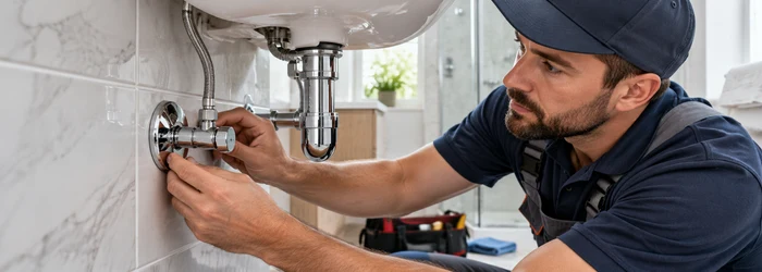 A plumber fits a metal scutcheon plate around a bathroom supply pipe at the tiled wall.