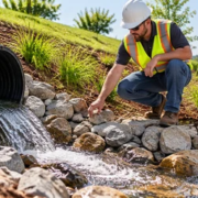 Drainage pipe daylighting at the surface into a stone-lined swale as a construction worker inspects the outlet.