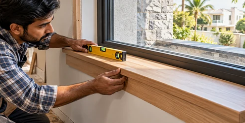Carpenter fits and levels the interior window stool ledge at the base of a residential window