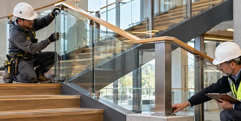 An installer fits a glass balustrade panel beneath a continuous timber banister rail while an engineer checks the newel post anchorage.