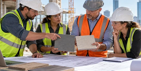 Project team and contractor compare building plans and material options to improve long-term performance and value without unnecessary construction cost
