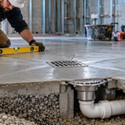 A plumber uses a level to check a sloped concrete floor leading to a fitted drain grate and below-slab drain pipe.