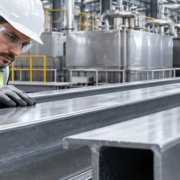 Worker inspects clean treated steel sections in a fabrication plant during metal surface preparation.