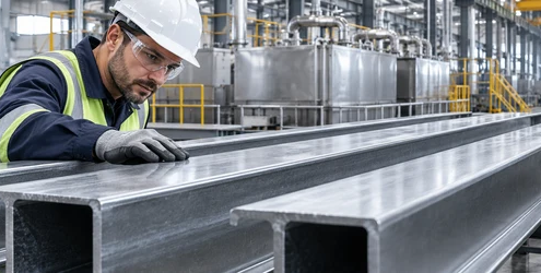 Worker inspects clean treated steel sections in a fabrication plant during metal surface preparation.