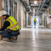 A site engineer measures the clear corridor width and checks a door opening while the contractor reviews the passage plan.