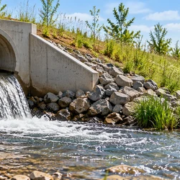 Stormwater outfall pipe discharging into a rock-lined channel while a civil engineer inspects erosion protection.