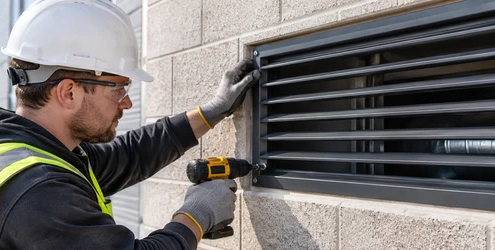 Installer secures a metal ventilation grille over a masonry wall opening on a building site.