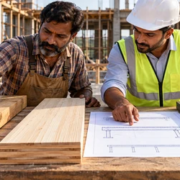 Carpenter and engineer compare timber, engineered wood and composite planks for different building applications