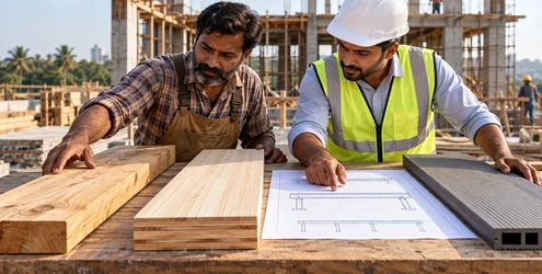 Carpenter and engineer compare timber, engineered wood and composite planks for different building applications