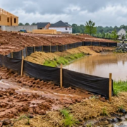 Graded construction soil channels rainwater toward a silt fence, protected storm drain and sediment basin to prevent muddy runoff from leaving the site.