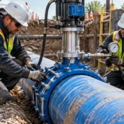 Technicians using a controlled tapping machine and saddle to create a new branch connection on an existing water main.