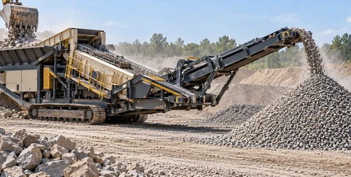 Mobile scalping screen separates oversized rock from graded aggregate at a construction materials site.