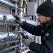 A plumber checks insulation and temperature probes on hot and cold water lines in a cold commercial service area.