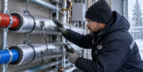 A plumber checks insulation and temperature probes on hot and cold water lines in a cold commercial service area.