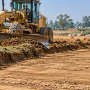 Motor grader stripping topsoil to prepare level ground for construction