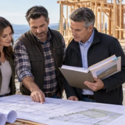 A homeowner, builder, and lender representative review a construction loan budget beside a house under construction.