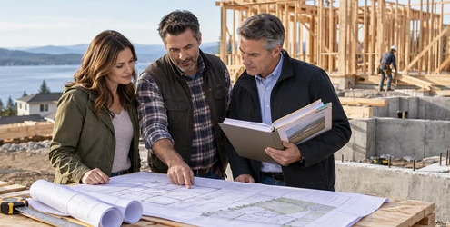 A homeowner, builder, and lender representative review a construction loan budget beside a house under construction.