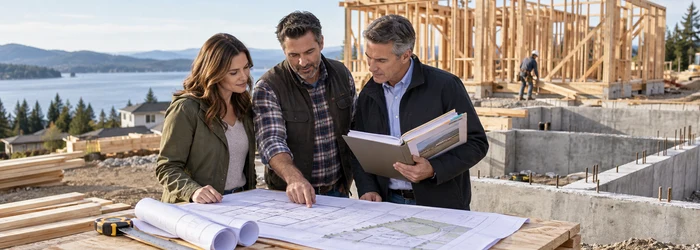 A homeowner, builder, and lender representative review a construction loan budget beside a house under construction.