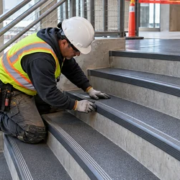 A stair finisher installs a non-slip tread surface on concrete steps while an inspector checks the sequence and landing transition.