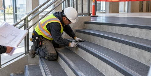 A stair finisher installs a non-slip tread surface on concrete steps while an inspector checks the sequence and landing transition.