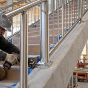An installer secures a metal stair handrail post to the stringer while an engineer checks the continuous rail and landing connection.