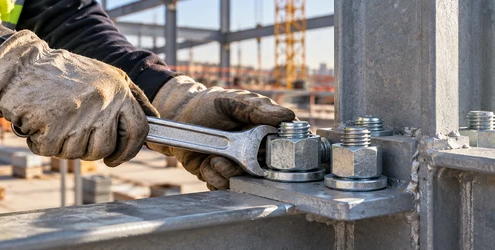 Worker tightens a threaded steel bolt and nut on a structural steel connection at a construction site.