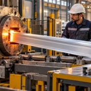 Technician monitors hot aluminum passing through an extrusion die to form uniform building profiles.