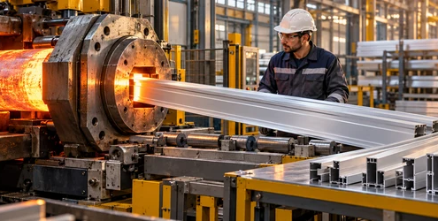 Technician monitors hot aluminum passing through an extrusion die to form uniform building profiles.