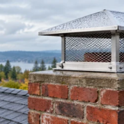 Stainless steel chimney cap with a rain-shedding hood and mesh spark-arrestor sides on a brick chimney.