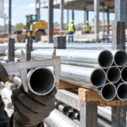 Construction worker measures a hollow steel tube beside round and square tubing profiles at a job site.