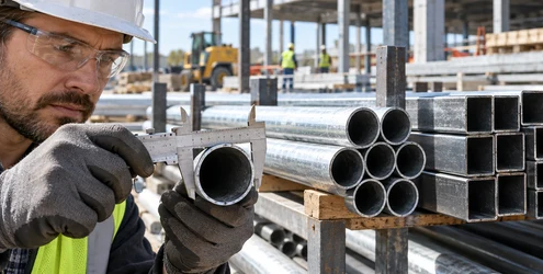 Construction worker measures a hollow steel tube beside round and square tubing profiles at a job site.