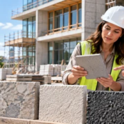 Engineers compare concrete, brick, stone, textured render and asphalt samples when selecting building surfaces.