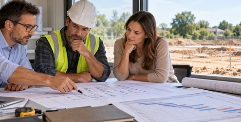 Construction team reviewing building plans before pre-construction work begins