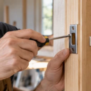 21024-feature-image Carpenter aligns a metal striker plate on a wooden door jamb where the latch engages.