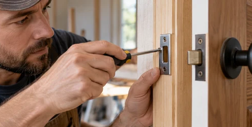 Carpenter aligns a metal striker plate on a wooden door jamb where the latch engages.