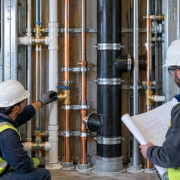 A plumber checks shutoff valves and branch connections on vertical supply and waste risers while an engineer reviews the service layout.