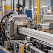 An engineer measures an extruded construction profile as an operator monitors the forming machine.