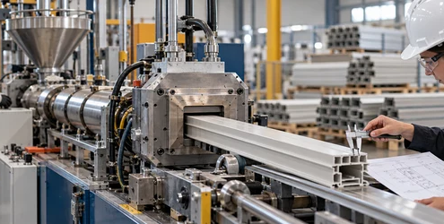 An engineer measures an extruded construction profile as an operator monitors the forming machine.