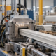 An engineer measures an extruded construction profile as an operator monitors the forming machine.