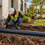 Roof gutter and downspout connected to a buried rainwater leader pipe carrying runoff toward a storm drain.