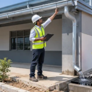 A site engineer checks a commercial roof gutter as a worker directs downspout runoff into a catch basin away from the foundation.