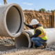A construction worker checks the gasket joint as a reinforced concrete pipe is lowered onto compacted granular bedding in a safely shored trench.