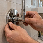 A plumber fits a chrome scutcheon plate around a water supply pipe through a tiled wall.