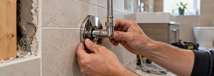 A plumber fits a chrome scutcheon plate around a water supply pipe through a tiled wall.