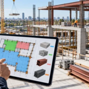 A construction estimator uses a digital floor-plan takeoff to measure concrete, masonry, and steel quantities for an active building.