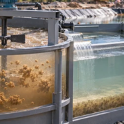 Construction-site water treatment tank gathers suspended soil into flocs before water clarification and sampling.