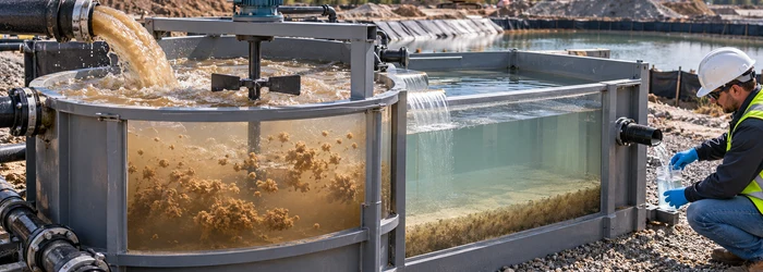 Construction-site water treatment tank gathers suspended soil into flocs before water clarification and sampling.