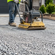 Worker compacts a graded aggregate sub-base beneath a new residential driveway surface
