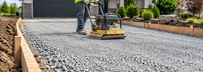 Worker compacts a graded aggregate sub-base beneath a new residential driveway surface